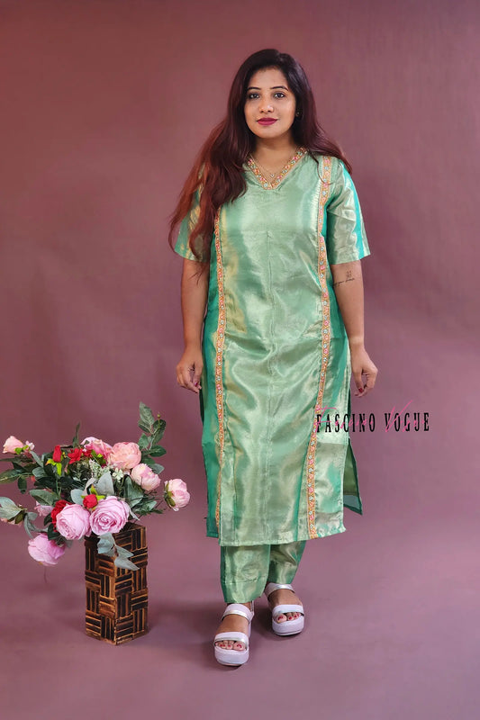 Sea green silk Kurtha pant with lace work