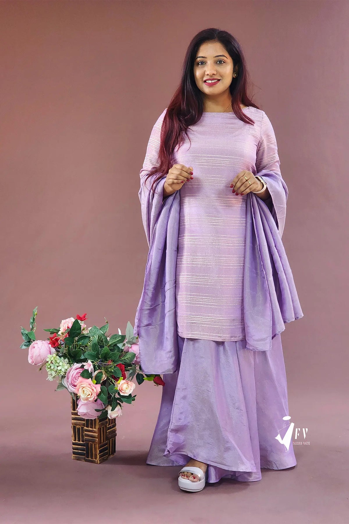 Classy Lavender Silk Kurtha with Flared Skirt and Dupatta