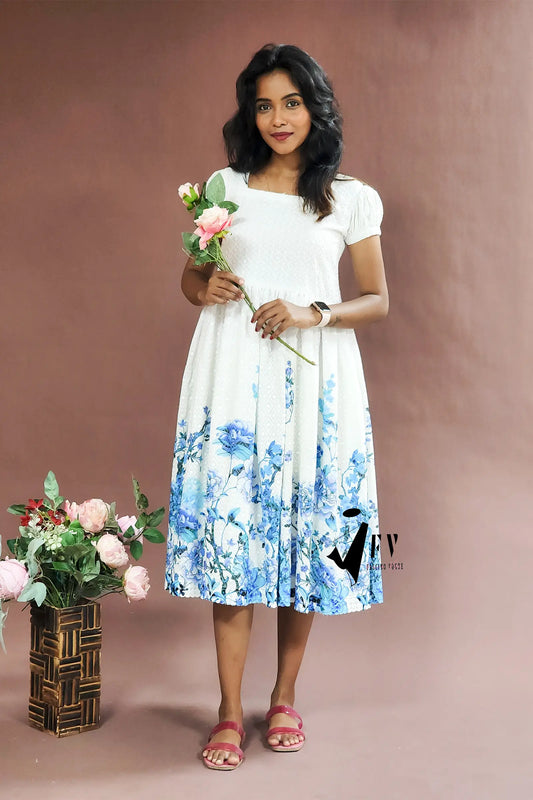 Whimsical White & Blue Floral Print Dress