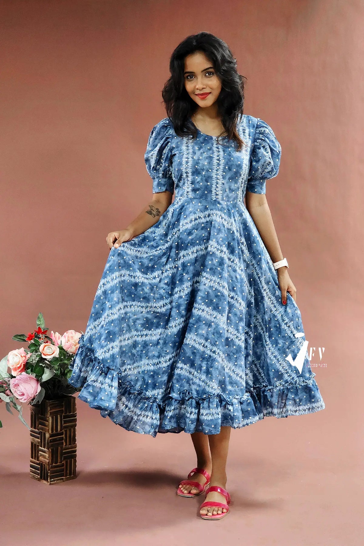 Vintage Indigo Puff Sleeve Dress