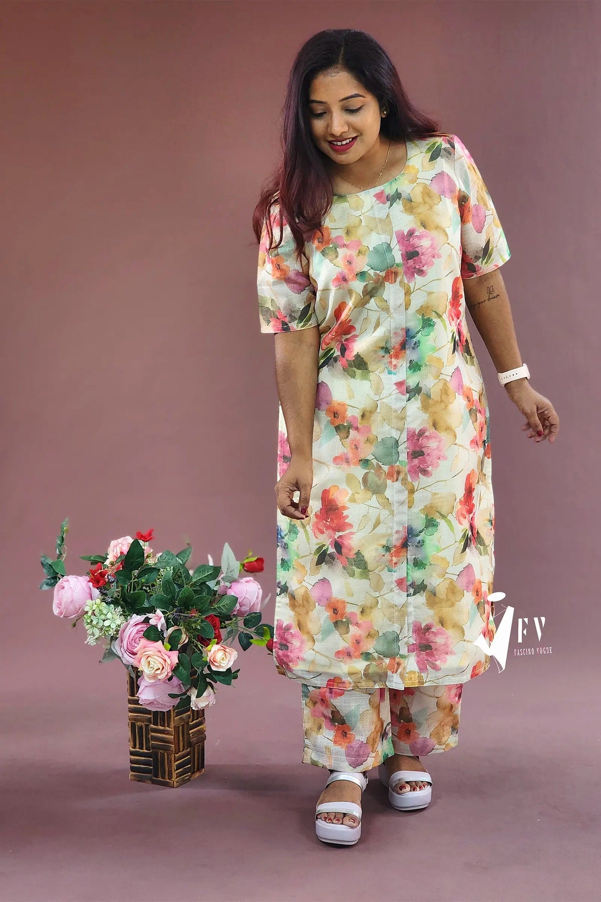 Classy Multi-Color Floral Silk Co-Ord Set with Elbow Length Sleeves