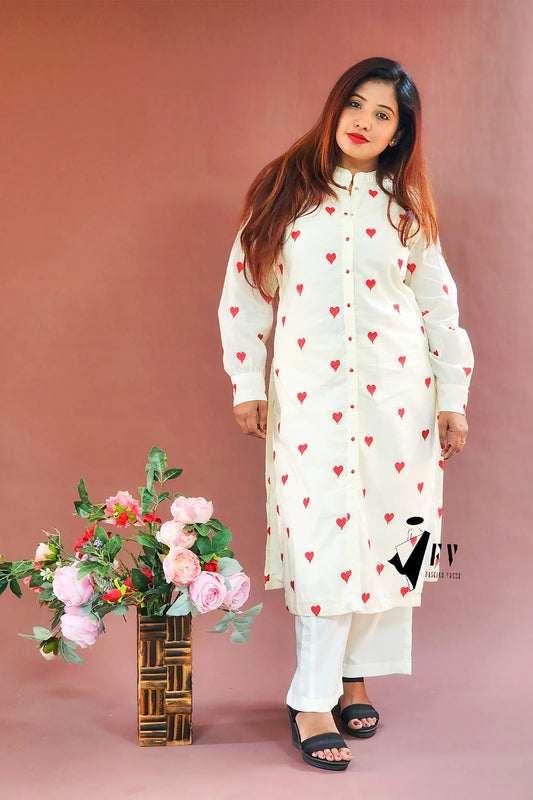 Ivory & Red Heart Embellished Salwar