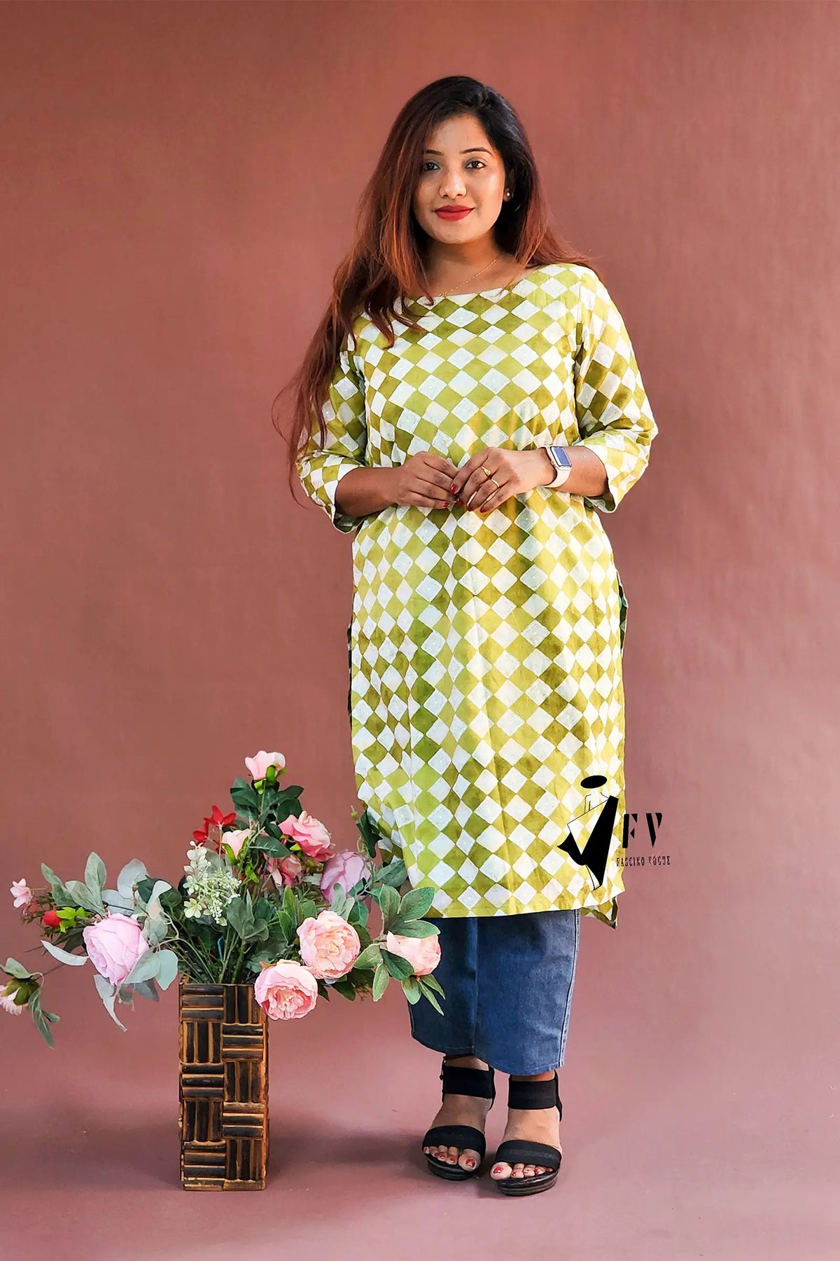 Checkered Delight Green Kurta