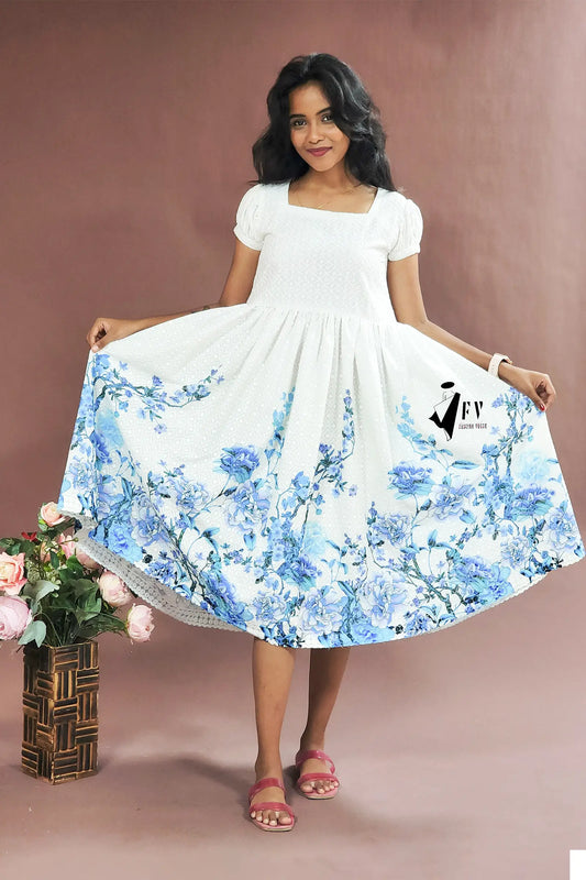 Whimsical White & Blue Floral Print Dress