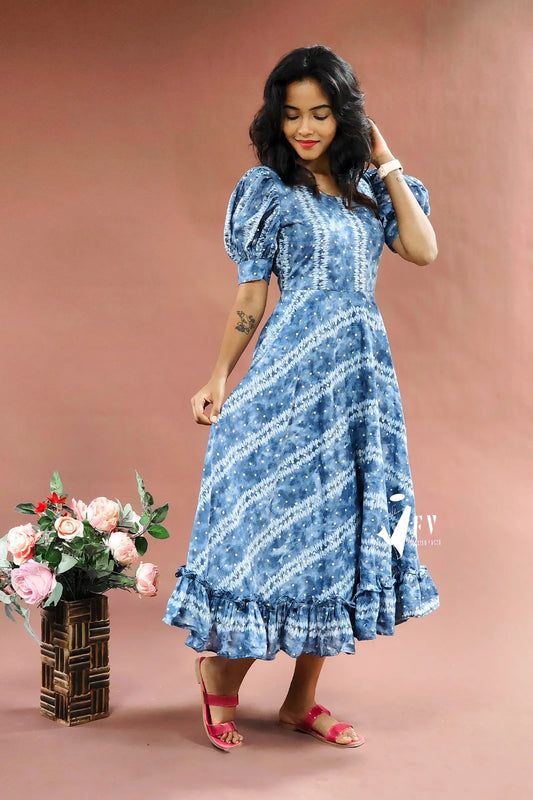 Vintage Indigo Puff Sleeve Dress