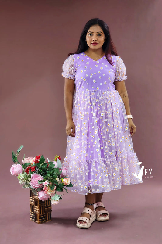 Pretty Lavender Floral Calf-Length Dress with Puff Sleeves