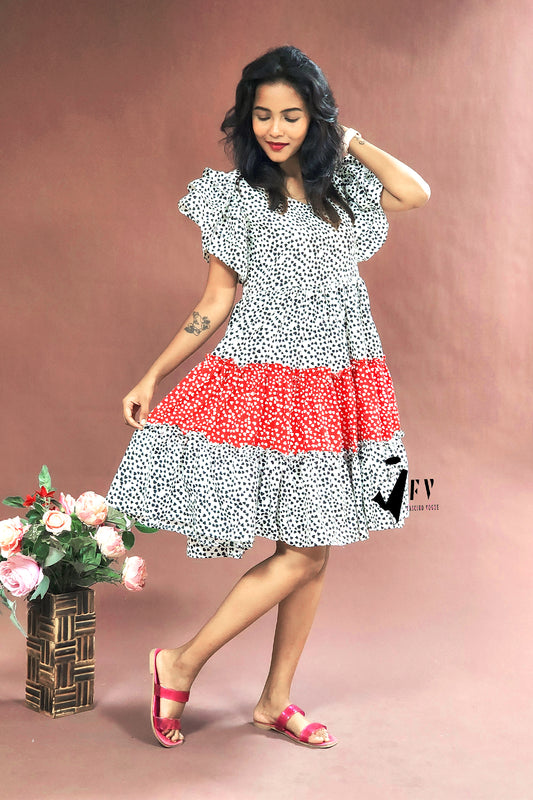 Monochrome & Red Tiered Summer Dress