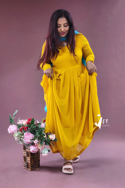 Mustard Yellow Anarkali Set with Full Sleeves and Teal Dupatta