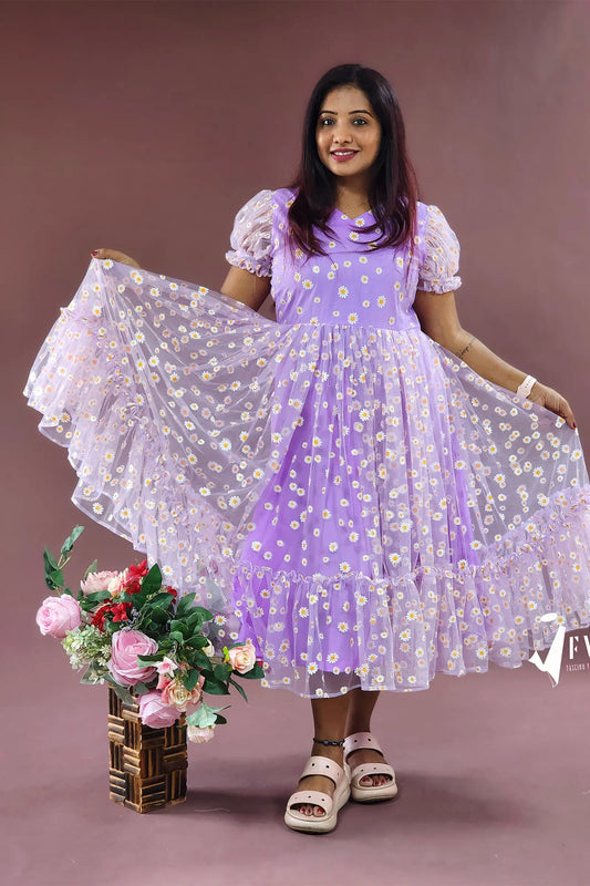 Pretty Lavender Floral Calf-Length Dress with Puff Sleeves