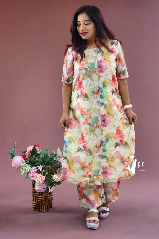 Classy Multi-Color Floral Silk Co-Ord Set with Elbow Length Sleeves