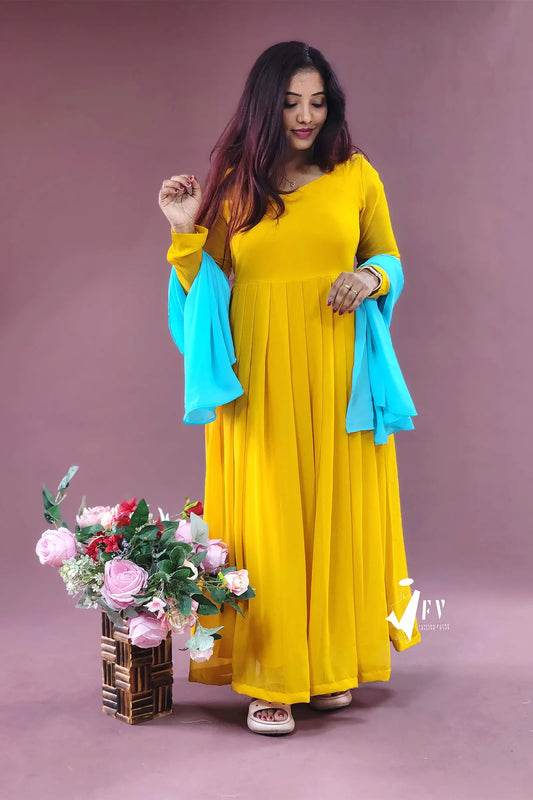 Mustard Yellow Anarkali Set with Full Sleeves and Teal Dupatta