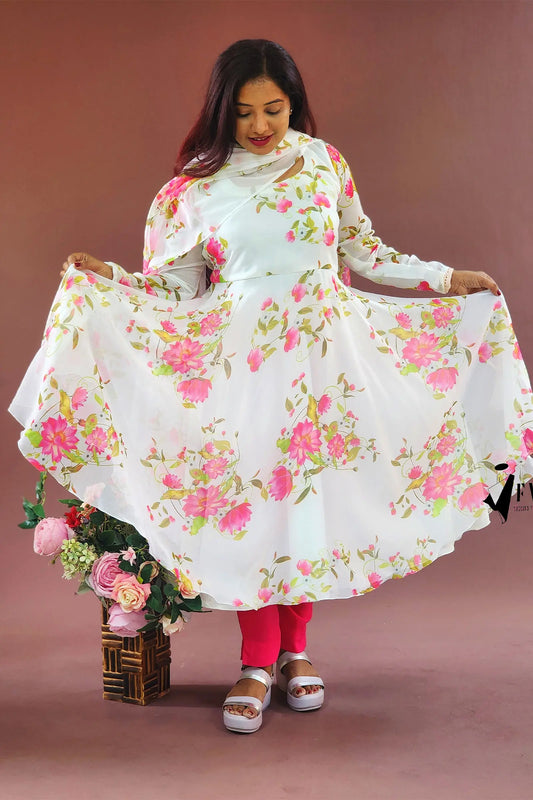 Classy White Pink Floral Full Sleeve Anarkali Set