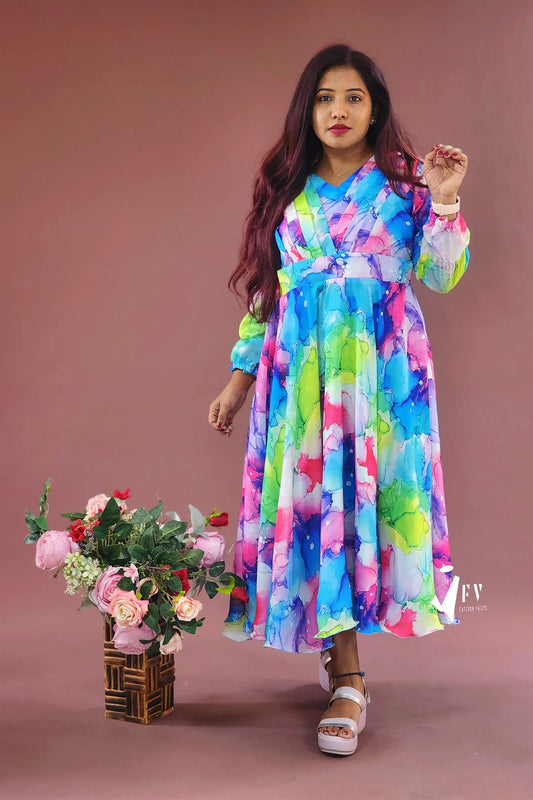 Pretty and Classy Multi-Color Circular Dress with Draped Yoke