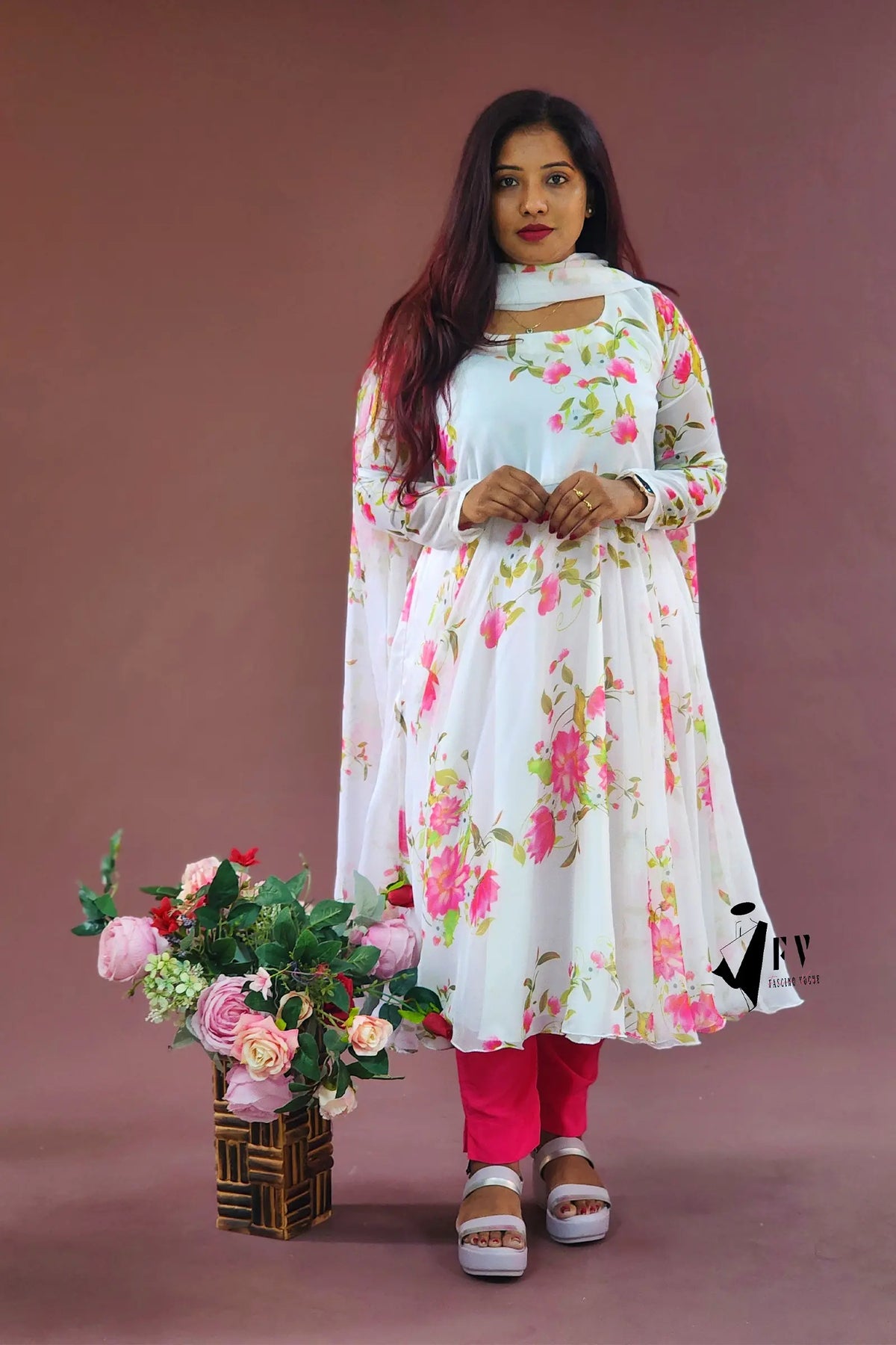 Classy White Pink Floral Full Sleeve Anarkali Set