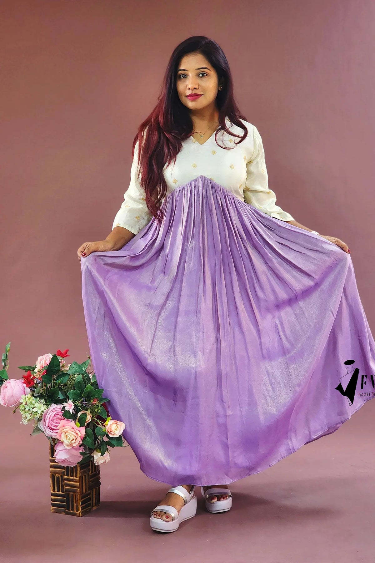 Classy Ivory Lavender 3/4 Sleeve Alia Cut Anarkali Set fascinovogue Classy Ivory Lavender 3/4 Sleeve Alia Cut Anarkali Set fascinovogue
