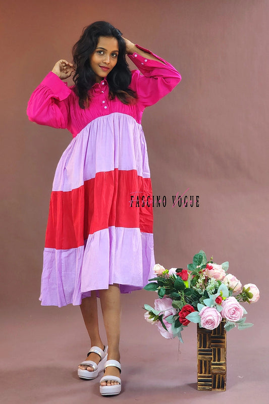 Color Block Charm - Pink and Red Tiered Dress