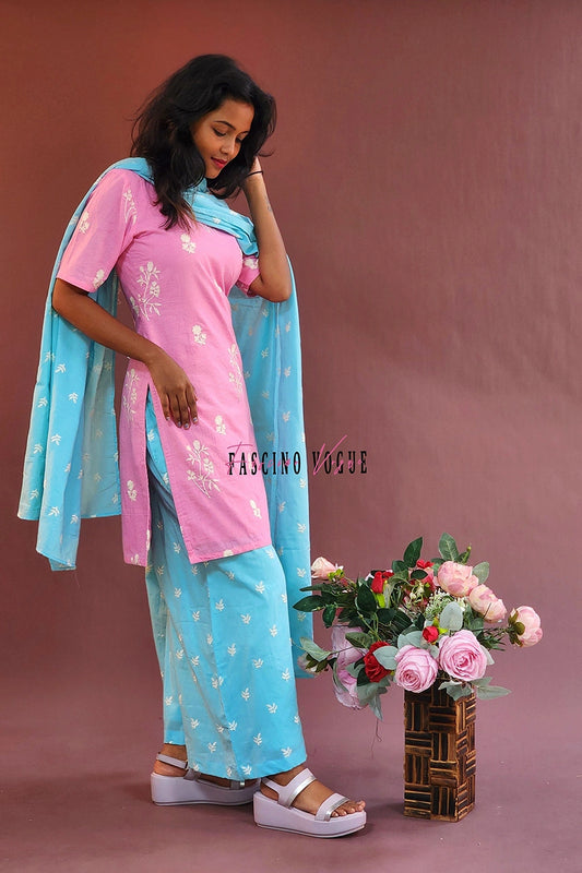 Blossom Elegance - Pink & Blue Floral Kurta Set