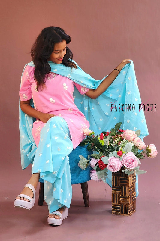 Blossom Elegance - Pink & Blue Floral Kurta Set