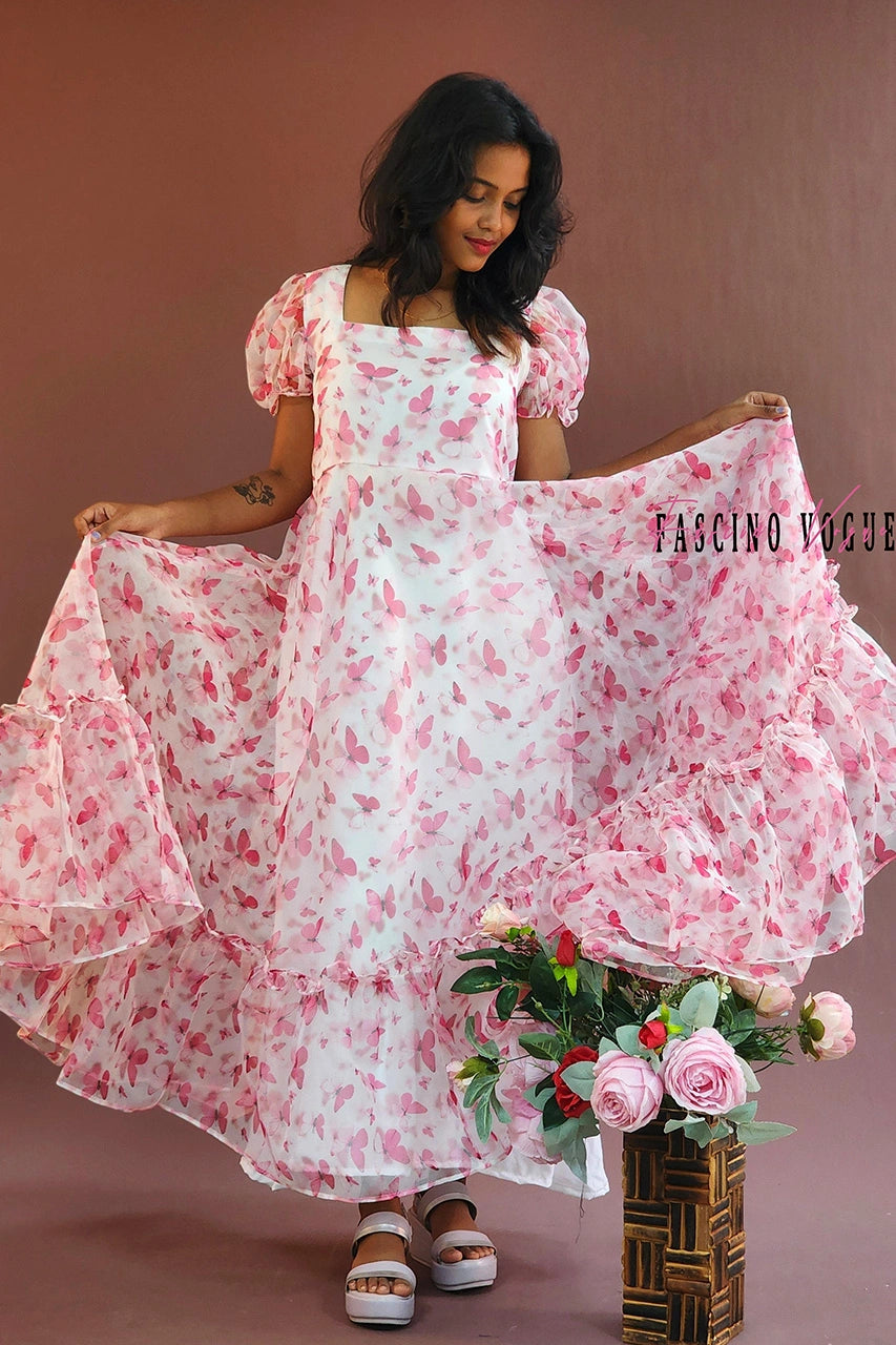 Butterfly Bliss - Pink Floral Maxi Dress