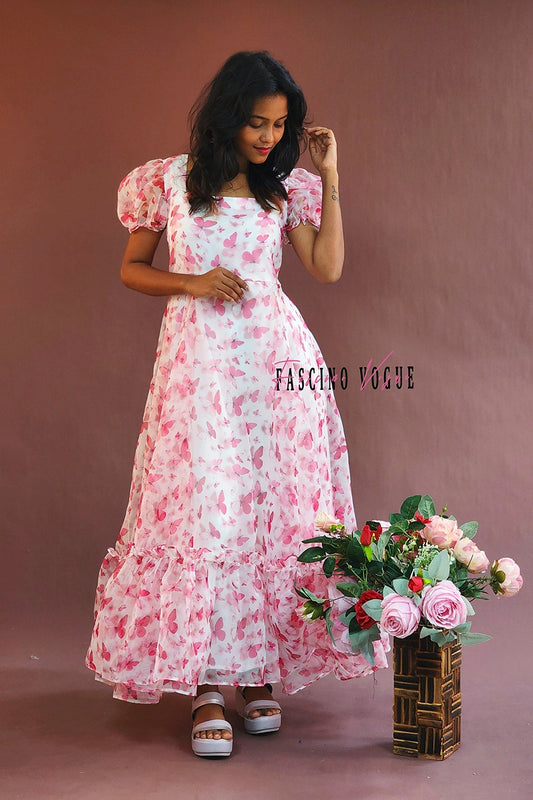 Butterfly Bliss - Pink Floral Maxi Dress